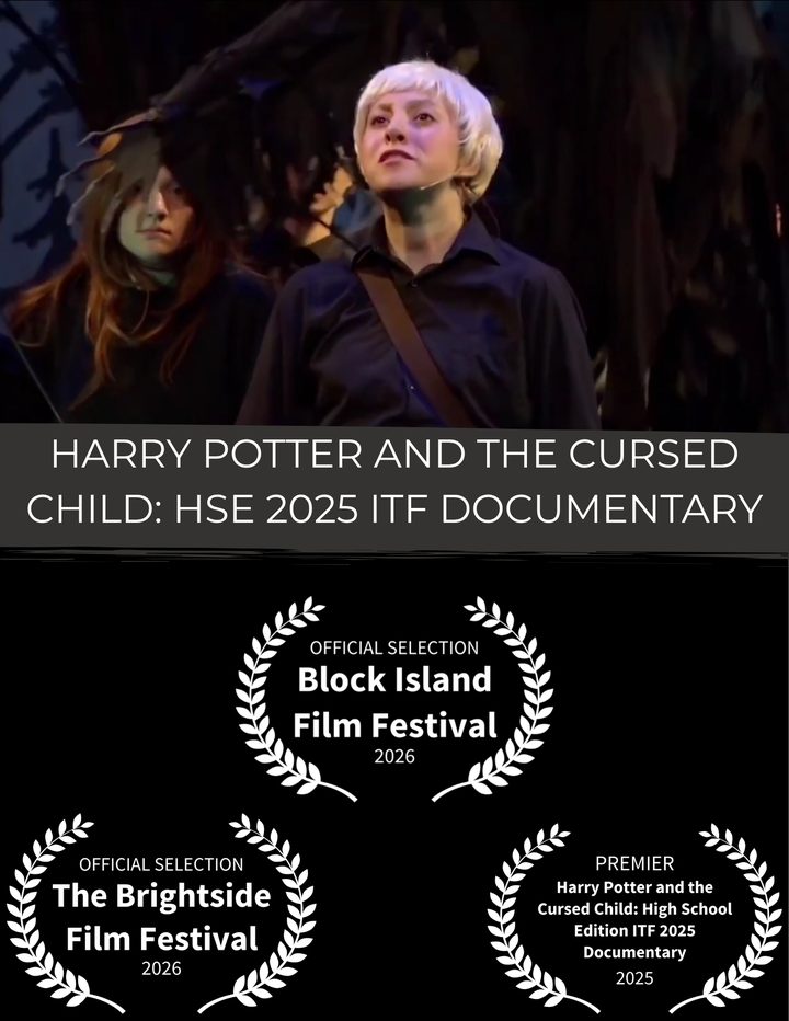 Poster for the Harry Potter and the Cursed Child high school edition documentary: two student actors on a dark stage