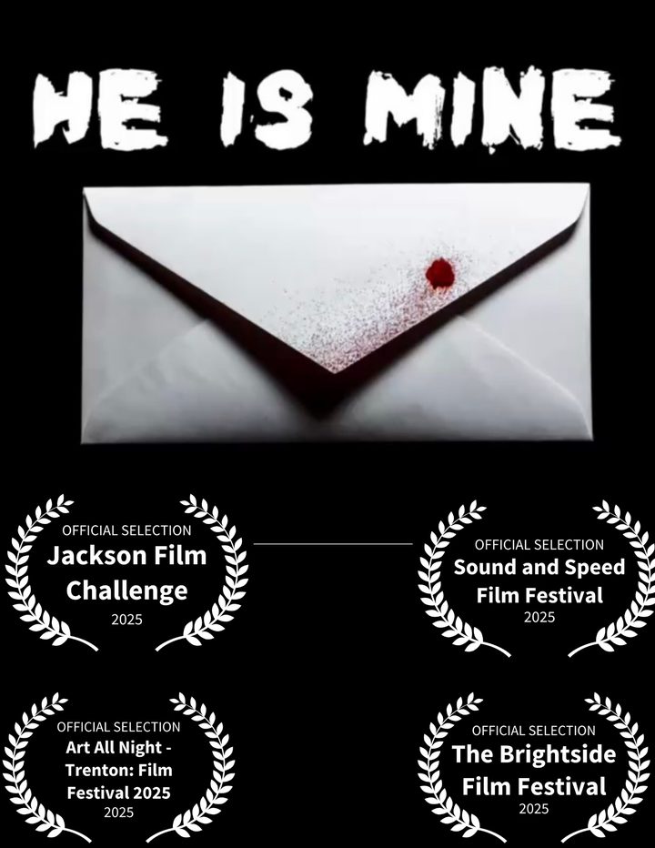 Poster for He Is Mine: a white envelope sealed with a red spot on a black background
